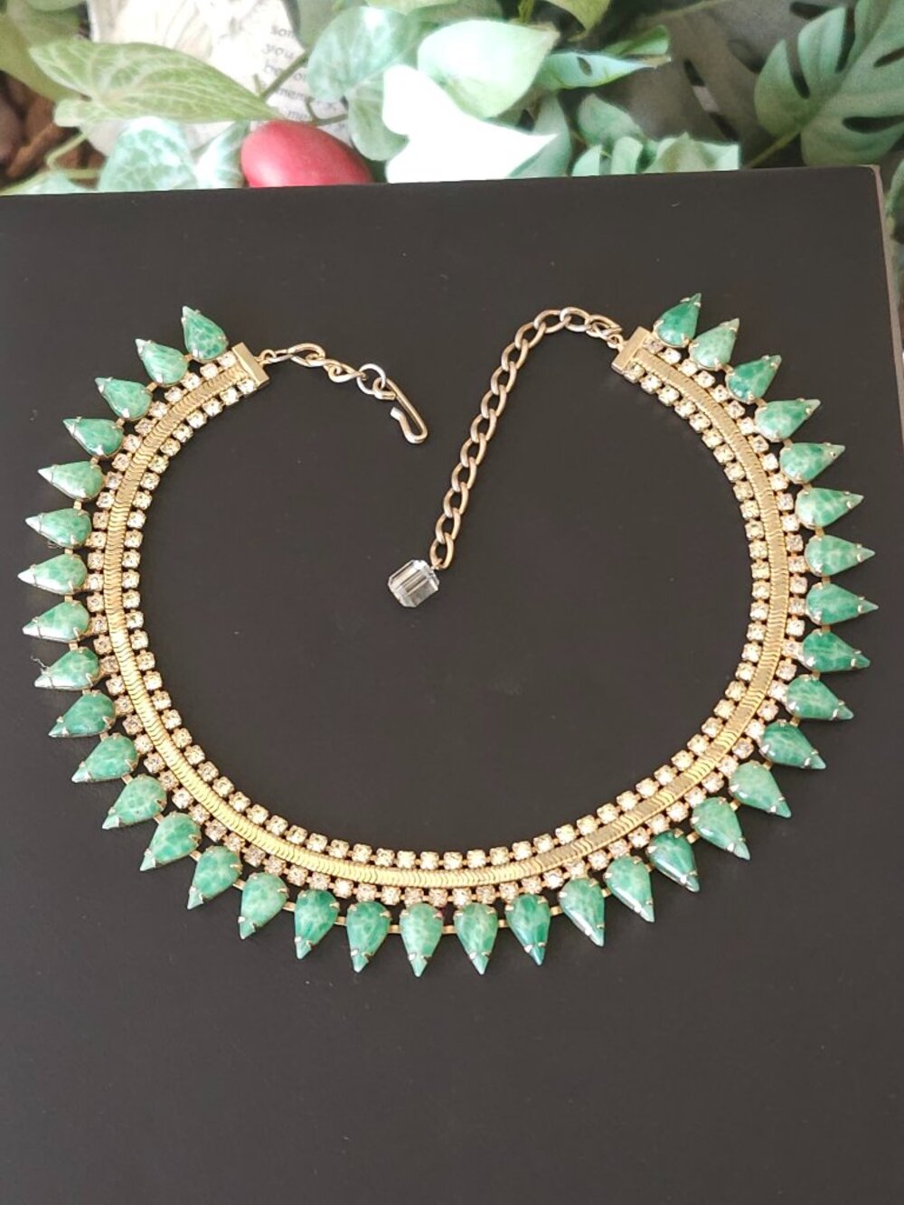 Vintage Faux Jade Glass and Rhinestone Collar Necklace